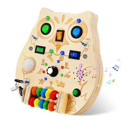 Image of RCPLAGA Busy Board Montessori Wooden Sensory Toy with LED Light Switches, Music, Toddler Light Switch Activity Travel Toys for 1 2 3 Year Old Boys Girls Toddler Toys Gifts