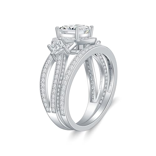 1 Carat (ctw) Vintage Princess Cut Bridal Ring Sets for Women Platinum Plated Silver Moissanite Wedding Ring Sets for Her2