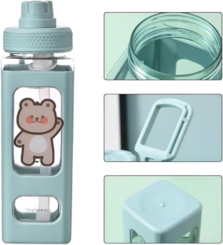Image of LHOTSE FreeSip Cute Square Water Bottle for School with Straw & Leakproof Lid - Large Capacity Kawaii Bottle for Kids, Girls & Office Use (Green)