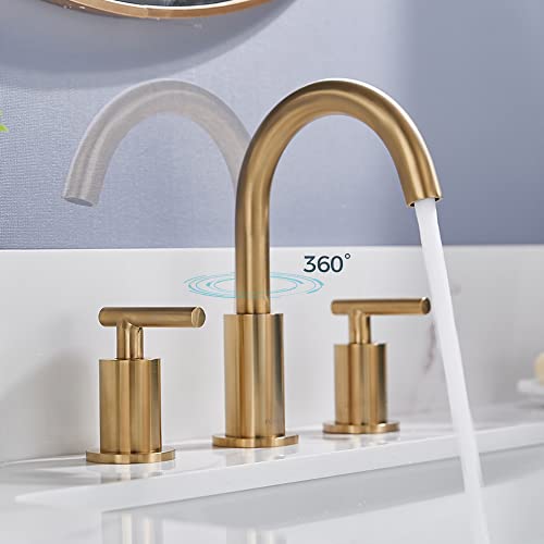 FORIOUS 2 Handle Gold Bathroom Faucet 8 inch Bathroom Sink Faucet with Pop Up Drain, 3 Hole Widespread Brushed Brass Bathroom faucets, Brushed Gold