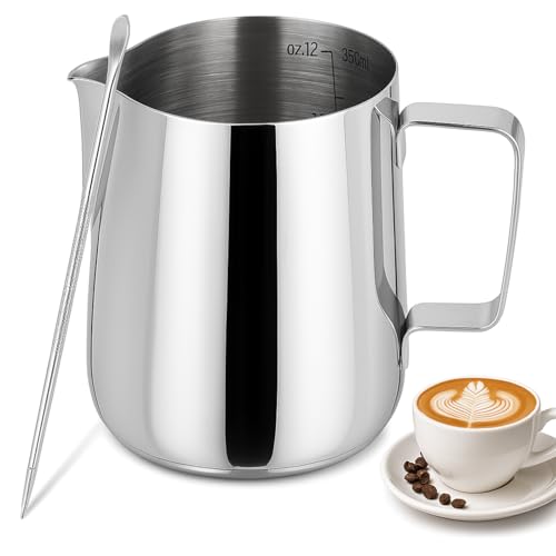 Bricco latte - Bollilatte acciaio inox - Bricco latte professionale - 350ml - con scala graduata - completo di penna per latte art - ideale per preparare cappuccino, latte e espresso - argento