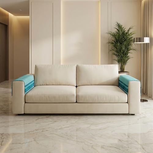 Image of Velvet Quilted Sofa Cover Mat Seat & Back, 2 Pc Arm, Arm L23in H32in, Italian Blue Color,Anti Skid Backing, 6in Hanging Strap Design, Washable Soft, Style -ItalianBlue-ARM2