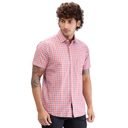 Image of Colorplus Men's Regular Fit Checks Pattern Pure Cotton Plain Collar Half Sleeve Casual Shirt