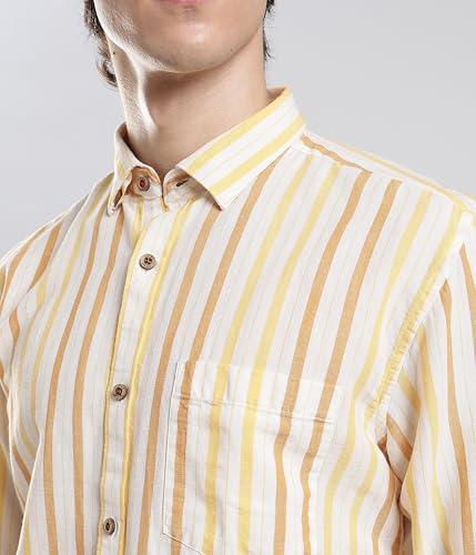 Image of TURMS Men's Casual Striped Linen Shirt | Water Repellent | Anti Stain Anti Odor | Kansas Linen | Concealed Button Down Collar | Full Sleeves