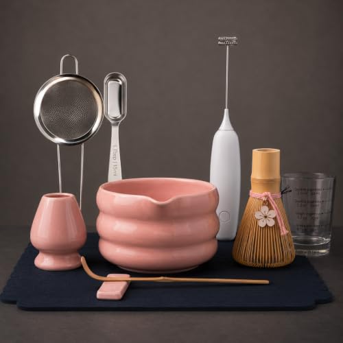 BARISTA EMPEROR MATCHA WHISK SET PREMIUM 11pcs - Professional Matcha Kit Set with Matcha Bowl Matcha Whisk Milk Frother Spoon Sifter Scoop Stand Cup Mat - Aesthetic Pink Matcha Set Kit