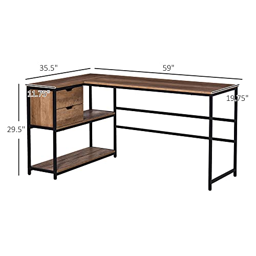 Image of L Shaped Home Offie Computer Desk with Storage Shelves, 2 Dawers and Industrial Steel e, Black,Brown