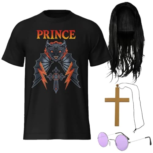 Adults Prince of Darkness Costume Set - Medium - Black Graphic T-Shirt Long Black Wig Round Glasses & Cross Necklace - Retro Heavy Metal Fancy Dress Outfit for Parties & Events