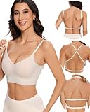 choolley Low Back Bra - Seamless Backless Bra V Neck Bralette for Women - Open Back Wireless Multiway Convertible Halter Bras M Beige