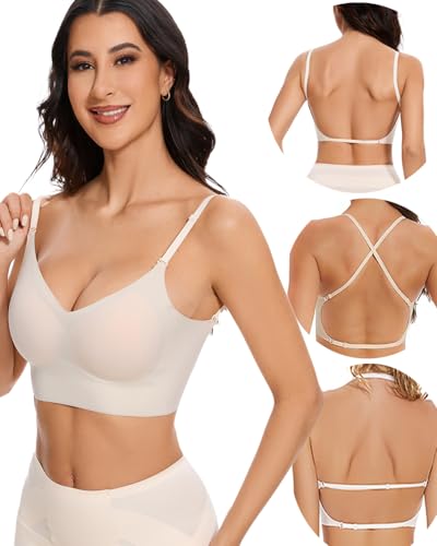 Low Back Bra - Seamless Backless Bra V Neck Bralette for Women - Open Back Wireless Multiway Convertible Halter Bras