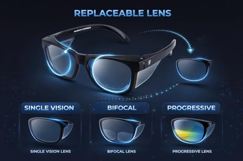 Image of FAMOUS Prescription Safety Eyeglass Frames with Clear Side Shield Replaceable Lens Single Vision, Bifocal & Progressive Lens Support TPU & Polycarbonate Impact-Resistant Frame Industrial & Daily Use