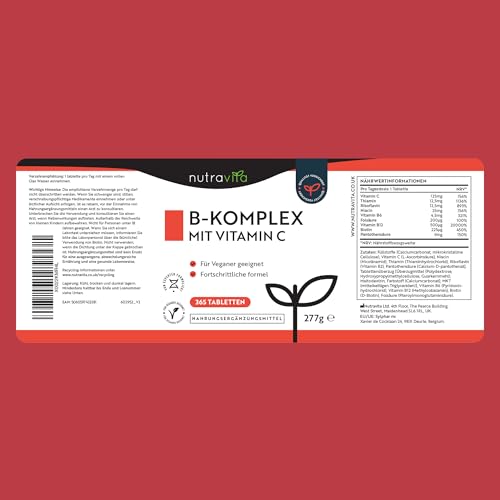 Vitamin B Komplex Hochdosiert mit Vitamin C, 365 B Komplex Vegane Tabletten mit alle 8 B-Vitaminen, Vitamin B12 hochdosiert + B1-B2-B3-B5-B6 Biotin Reduziert Müdigkeit & Erschöpfung (EFSA) - Nutravita