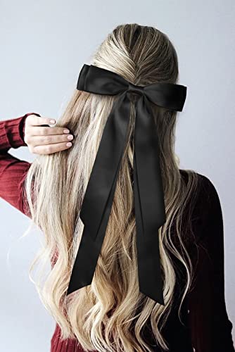 Large Satin Hair Bows 2Pcs Hair Ribbons For Women Ceelgon Big Long Black Ballet Style Hair Bows French Barrette Vintage Accessories For Girls-Black #TOP7