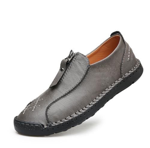 Men's Leather Loafers Slip-On Driving Penny Loafers Classic Moccasins Handstitched Zipper Design Comfort Casual Walking Shoes