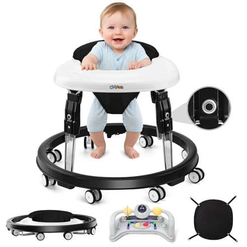 Image of Baby Walker with Wheels, One-Touch Folding Baby Walkers with Height Adjustment and Brake, Portable Walker for Baby Boy Girls 6-18 Months, Black