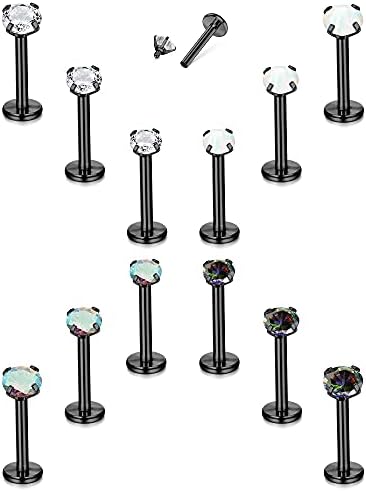 TEN MIRO 12PCS 16G Lip Rings Helix Tragus Earrings Stainless Steel Internally Threaded Labret Studs Cartilage 2/3/4MM Clear CZ/Opal Earrings Monroe Medusa Piercing Jewelry(Black-6MM)