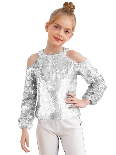 renvena Sequin Tops for Girls Long Sleeve Off Shoulder Sparkly Glitter Shirts Blouse for Party Disco3