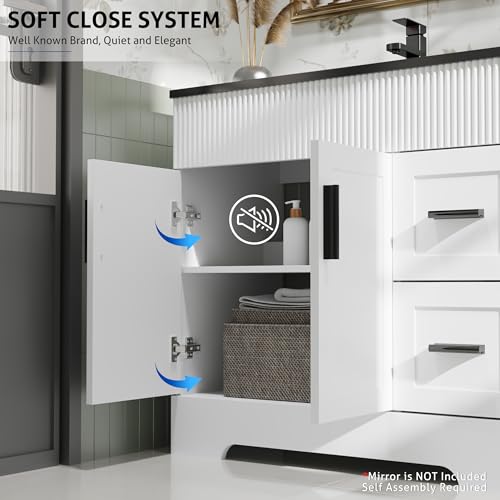 Image of eclife 36 inch Bathroom Vanities Sink Combo with Painted Surface, Modern Drawered Cabinet W /Decorative Wave Lines, Undermount Black White Sink, Matte Black Faucet Drain, White