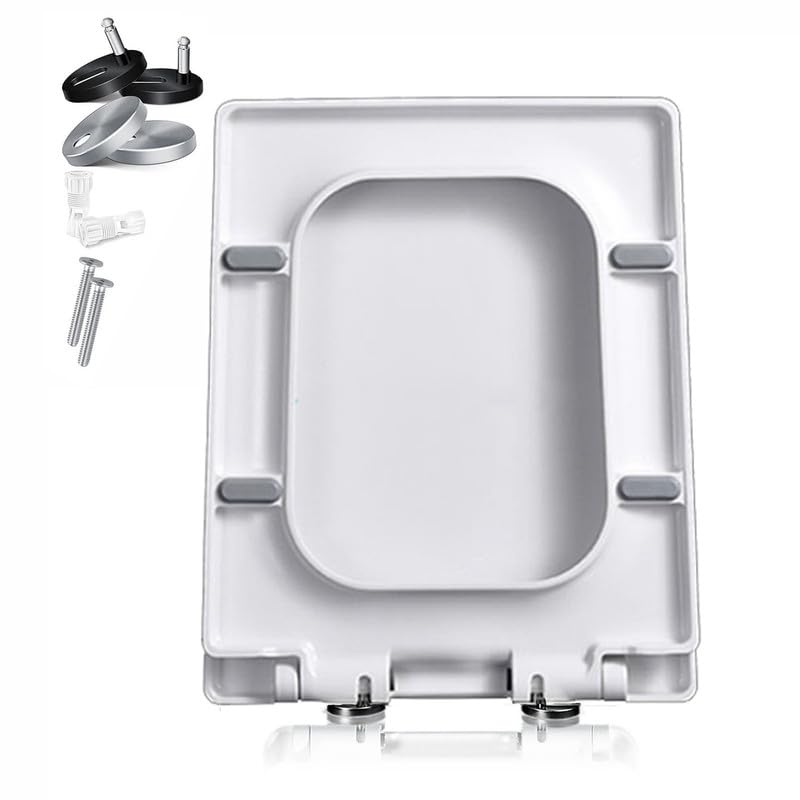 JNTFNE Square Toilet Seat Soft Close, 36.5 * 45cm White Lid Quick Release Button for Easy Cleaning and Top Fixing Adjustable Hinges, PP Durable Loo