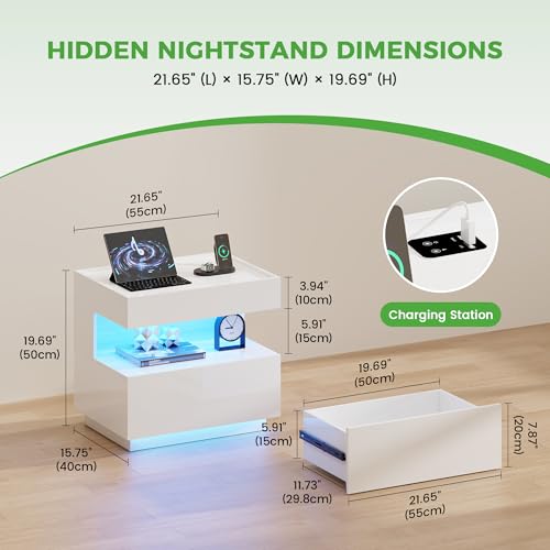 Image of HNEBC White LED Nightstand with Gun Drawers&USB-C Port&Lights for Bedroom | Bedside table,Motion‑Sensor 3‑Color Lighting, Hidden Storage Compartment, USB, Type‑C Charging Station,Hight-Gloss