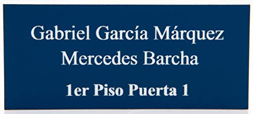 Placa para Buzón de plástico azul y grabado blanco. Cinta autoadhesiva. Grosor 1,5mm y tamaño máximo 100x40mm