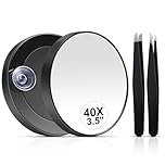 MIYADIVA 40X Magnifying Mirror, Small Magnifying Mirror with Suction Cup and Tweezers, As a Travel Essentials, Compact Mirror Set for Plucking Eyebrows 3.5 Inches