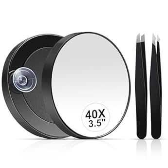Foto di MIYADIVA Specchio ingrandimento 40x, rotondo compatto 8,9 cm, ventosa, pinzette in acciaio inox, perfetto trucco, sopracciglia, barba, viaggio