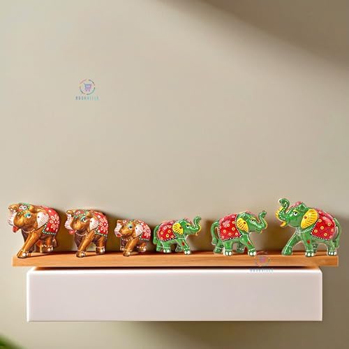 Hand-Painted Paper Mache Elephant Set - Traditional Indian Folk Art Home Decor,ift Item (Set of 6) -Old &reen