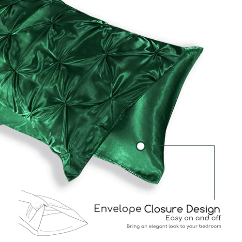 MR&HM Satin Comforter Full 7 Pieces - Luxurious Pinch Pleat Bedding Set with Comforter, Flat Sheet, Fitted Sheet, Pillowcases & Shams, Super Silky Soft Bed Set for All Season (Full, Dark Green)