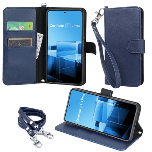 wisers Zenfone 11 Ultra ケース 手帳型 スマホケース 対応 (ダークブルー) (カードホルダー/スタンド機能付き) ストラップ 2種付き (ハンドストラップ/ネックストラップ) 2024年 新型