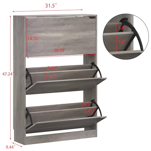 Image of HUANLEGO Grey Shoe Cabinet for Entryway with 3 Flip Drawers, 31.5 inch W | Hidden Shoe Rack for Entryway, Freestanding Shoe Storage for Hallway,, Living Room, Entrance Organizer Closet