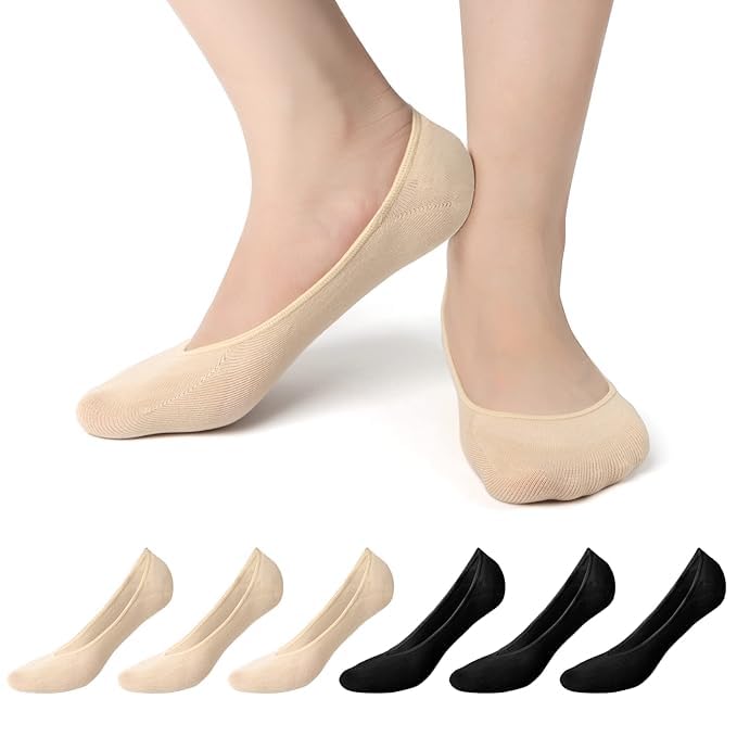 No Show Socks for Women - 6 Pairs Order Free Non Slip Invisible Socks Women, Cotton Ultra Low Cut Liner Socks Ladies Trainer Sneaker Socks Shoe Liners for Loafer Shoes UK Size 5.5 to 8, 3Black+3Nude,