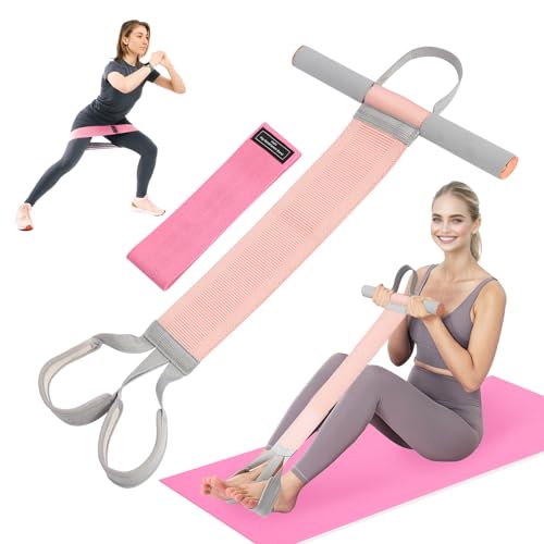 Fitness Resistance Band with Handles & Non-Slip Pedal, 150lb Fabric Exercise Bands, Yoga Starter Sets Sit Up Pull Rope for Full Body Strength Training, Stretch Band Workout Equipment
