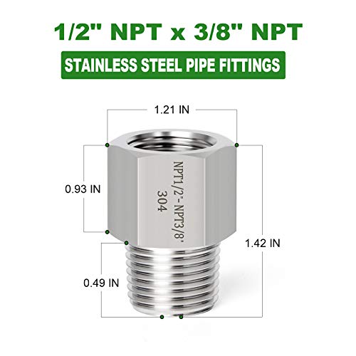 Taisher 2Pcs Forging Of 304 Stainless Steel Pipe Fitting, Reducer Adapter, 3/8-Inch Male Pipe X 1/2-Inch Female Pipe #TOP3