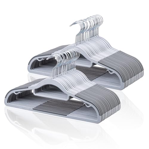 Tonswachic Pack of 50 Coat Hangers, Space-Saving Plastic Clothes Hangers, Non-Slip, 0.2 Inches Slim, 360° Swivel Silver Hook for Shirts, Pants & Wet/Dry Garments, Light and Dark Gray