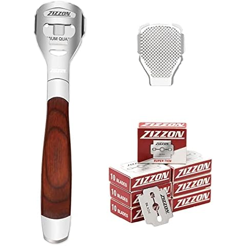 ZIZZON Foot Care Pedicure Callus Shaver Hard Skin Remover Wood Handle 70 Blades Cover