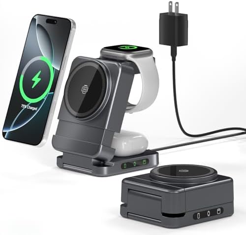 Foldable Wireless Charger, 3 in 1 Charging Station for Apple Samsung Multi Devices Charging,Magnetic Charger Stand, Portable Travel Fast 15W Charging Station for Phone, TWS, iWatch (Grey)
