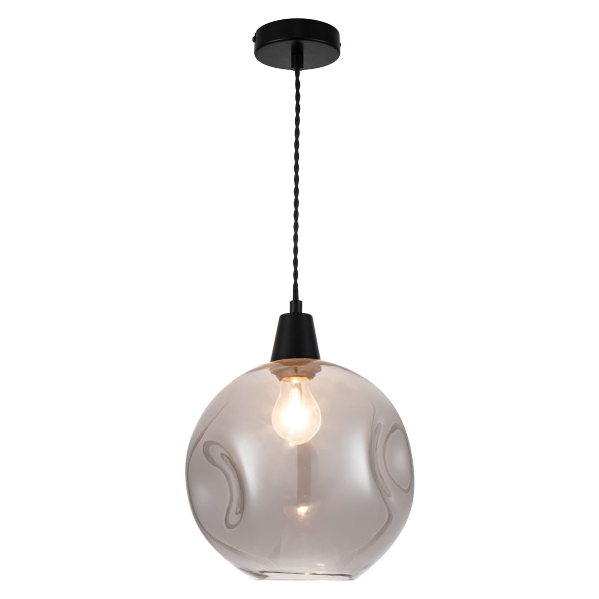 Cosylyte Millfield Modern Smoky Dimple Glass Pendant Light - Matt Black Base, Black Twisted Power Cord, 25x25x100cm, 1xE27 (Bulb not Included)