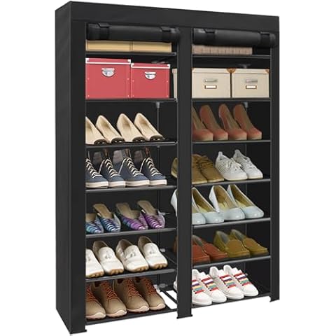 ERONE Shoe Rack Storage Organize, 28 Pairs Portable Double Row with Nonwoven Fabric Cover Shoe Shelf Cabinet for Closet Cover