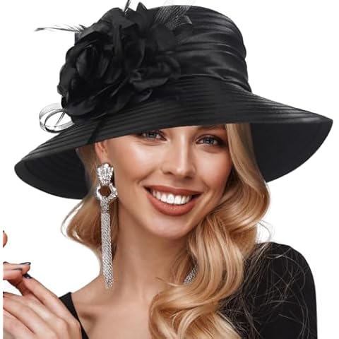 Women Church Tea Party Hat Kentucky Derby Wedding Cloche Bowler Dress Hats with Feathers Black Cover