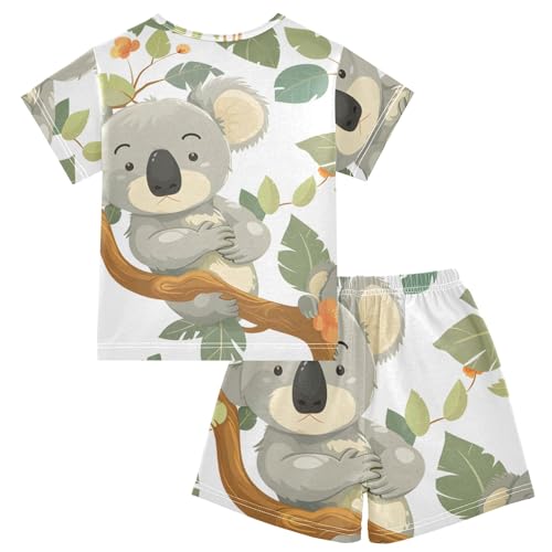 Summer Pajama Set Cute Koala on Tree Green Leaf, Short Sleeve Sleepwear Nightwear2