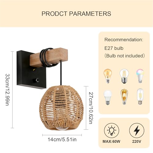 Aplique de pared de ratán con interruptor y casquillo E27 para iluminación interior en salón 4