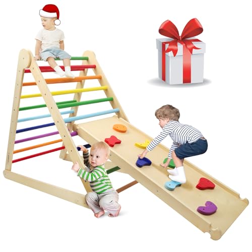 YOLEO X Large Pikler Triangle, Quick Foldable 3 in 1 Early Learning Montessori Climbing Triangle with Thicker Ramp, Wooden Sturdy Indoor Playground and Jungle Gym Climbing Toys for Toddlers Rainbow