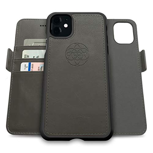 Image of dreem Fibonacci 2-in-1 Wallet Case for Apple iPhone 11 - Luxury Vegan Leather, Magnetic Detachable Shockproof Phone Case, RFID Card Protection, 2-Way Flip Stand - Grey