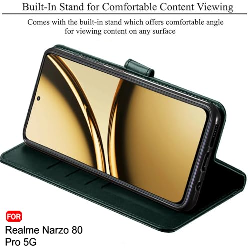 Image of TheGiftKart Flip Cover Back Case for Realme Narzo 80 Pro 5G | Genuine Leather Finish | Designer Button | Inbuilt Pockets & Stand | Wallet Style Flip Back Cover for Narzo 80 Pro (Faux Leather, Green)