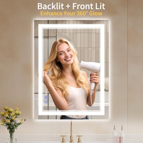 Image of 30 inchx32 inch LED Bathroom Mirror with Lights, Anti-Fog, Backlit + Front Lit, Dimmable, Led Vanity Mirror for Wall, Lighted Bathroom Mirror, 3 Colors, Shatter-Proof Tempered Glass
