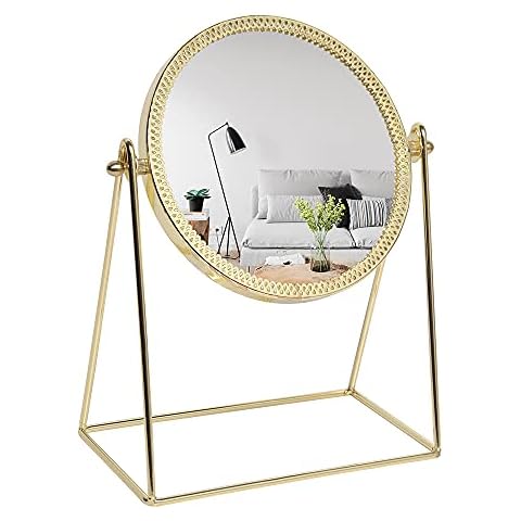 LONGSHENG Makeup Mirror, 6’’ Single Sided Vanity Tabletop Mirror, 360° Rotation Metal Cosmetic Mirror for Dressing Table, Desk, Bathroom, Bedroom- Champagne Gold Cover
