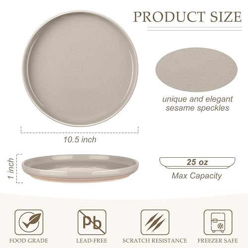 Image of LIANYU 6 PCS Ceramic Dinner Plates Set, 10.5 Inch Round Stoneware Plates, Stackable Dishwasher Microwave Safe Serving Dishes, Milky Brown