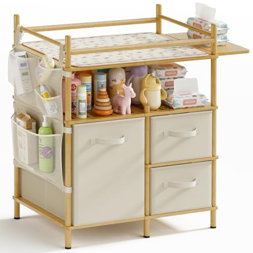 Image of Amazer Baby Changing Table, Bamboo Baby Dresser Table with Flat Top, Diaper Changing Station with 3 Removable Storage Drawers, Large Storage Nursery Organizer Shelves with Pad, Mesh Pocket