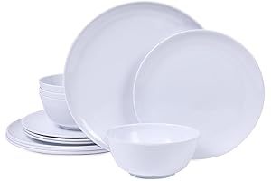 Melamine Dinnerware Sets, White Dinnerware, 12-Piece Plates And Bowls