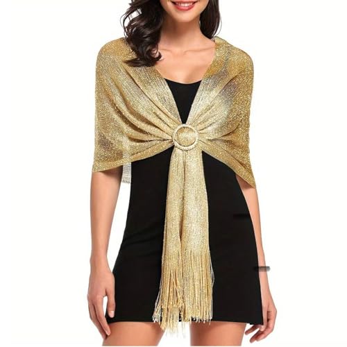 CBMZHF Elegante chal metálico de noche plateado y dorado, lentejuelas y borlas adornado, 170 x 45 cm, accesorio de fiesta de boda, envoltura de gala formal con brillo lujoso, dorado, 170 Centimeters X
